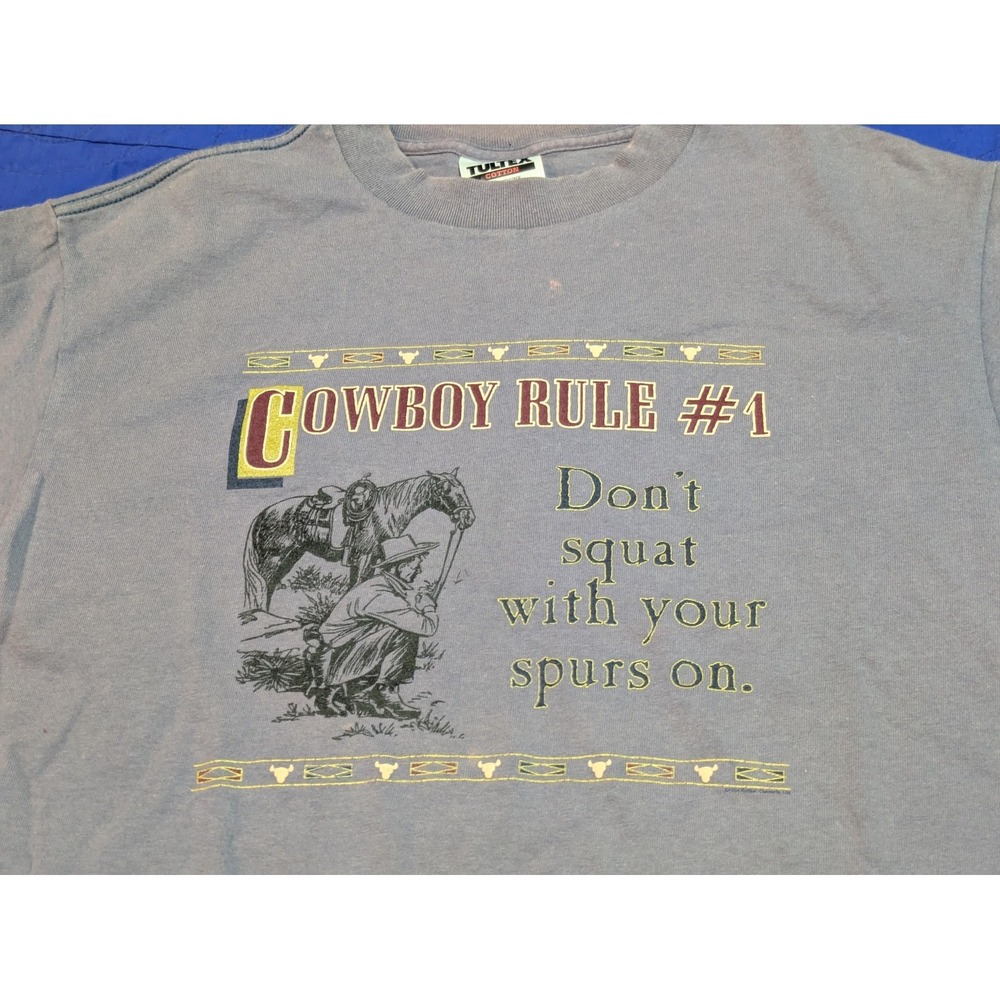 VTG Cowboy Rule #1 Shirt Mens Medium Gray Don't Squat Funny Western Graphic Tee